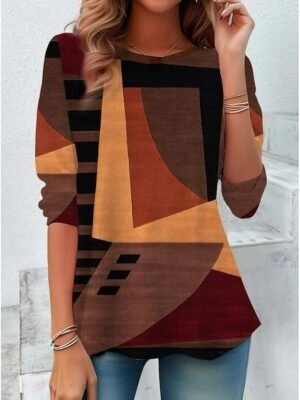 Modern Regular Geometric Crew Neck Long Sleeve Top - Image 7