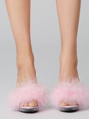 Party Clear High Heel Fluffy Faux Fur Strap Sandals - Image 2