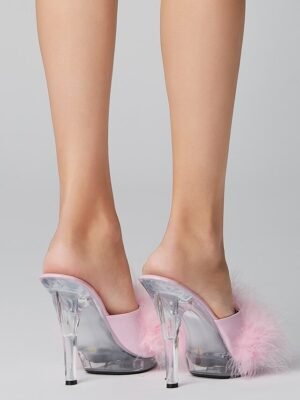 Party Clear High Heel Fluffy Faux Fur Strap Sandals - Image 3