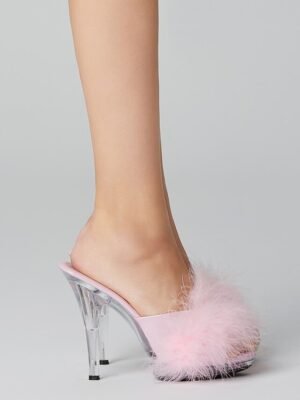 Party Clear High Heel Fluffy Faux Fur Strap Sandals - Image 4