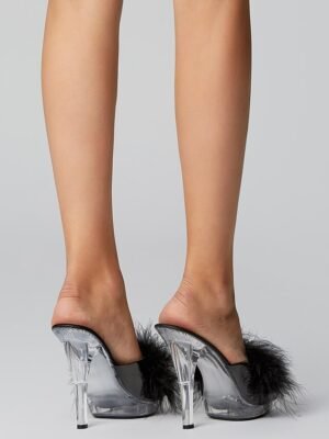 Party Clear High Heel Fluffy Faux Fur Strap Sandals - Image 8