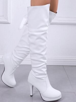 Party Fitted White Round Toe Knee-High Stiletto Boots - Image 2