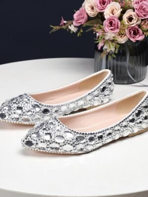 Party Rhinestone Pointed Toe Faux Leather Flat Shoes - Image 2