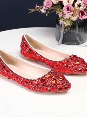 Party Rhinestone Pointed Toe Faux Leather Flat Shoes - Image 6