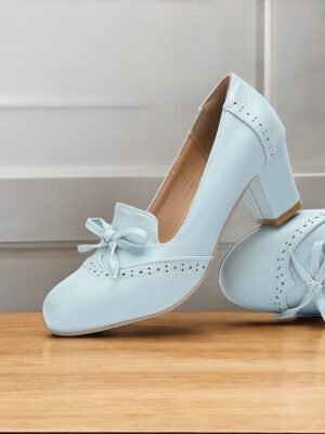 Preppy Light Blue Faux Leather Bow Detail Loafers - Image 1