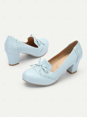 Preppy Light Blue Faux Leather Bow Detail Loafers - Image 3