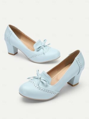 Preppy Light Blue Faux Leather Bow Detail Loafers - Image 4