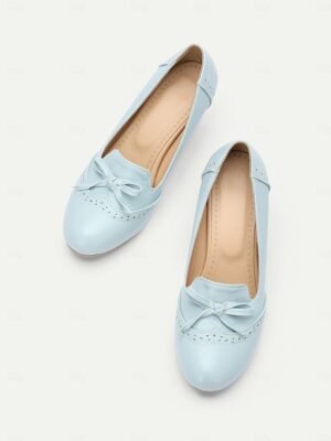 Preppy Light Blue Faux Leather Bow Detail Loafers - Image 5