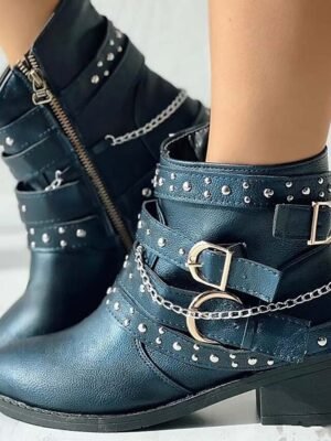 Punk Rock Studded Ankle Buckle Motorcycle Boots - Image 1