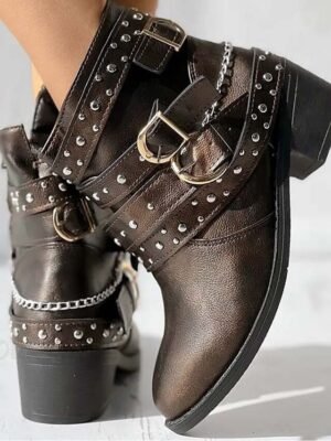 Punk Rock Studded Ankle Buckle Motorcycle Boots - Image 15