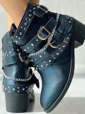Punk Rock Studded Ankle Buckle Motorcycle Boots - Image 2