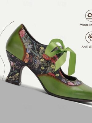 Retro Floral Print Leather Mary Jane Heels - Image 10