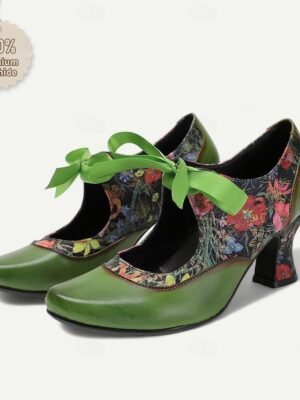 Retro Floral Print Leather Mary Jane Heels - Image 5