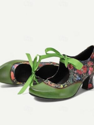 Retro Floral Print Leather Mary Jane Heels - Image 6