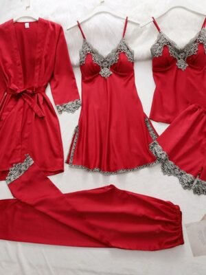 Retro Simple Pure Long Sleeve V Wire Satin 5-Piece Pajama Set - Image 2