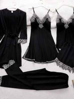 Retro Simple Pure Long Sleeve V Wire Satin 5-Piece Pajama Set - Image 3