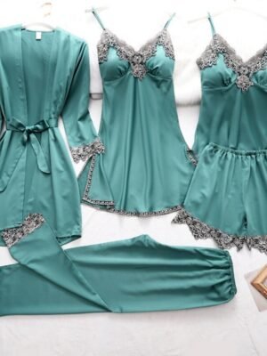 Retro Simple Pure Long Sleeve V Wire Satin 5-Piece Pajama Set - Image 4