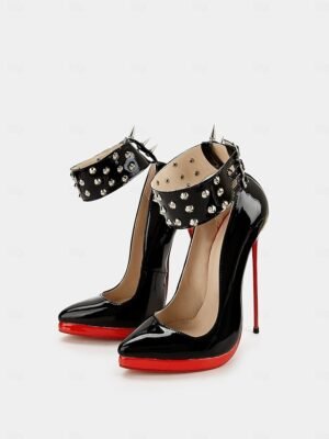 Sexy Black Patent Leather Studded Spiked Platform Stiletto Heels - Image 3