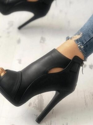Sexy Black Peep Toe Stiletto Faux Leather Ankle Boots - Image 3