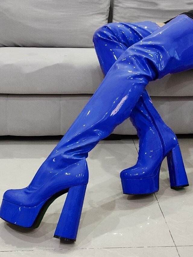 Sexy Blue Leopard Thigh-High Round Toe Platform Boots - Image 11