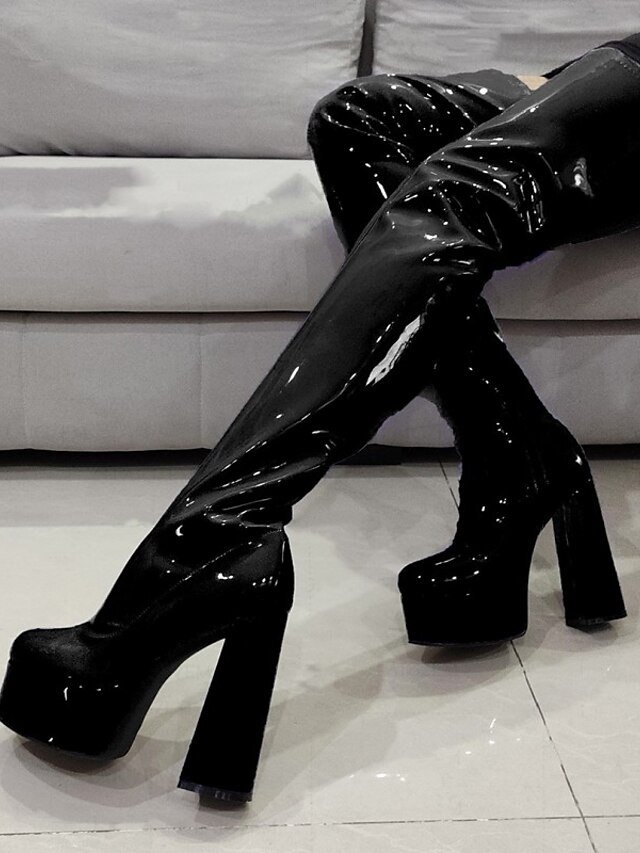 Sexy Blue Leopard Thigh-High Round Toe Platform Boots - Image 12