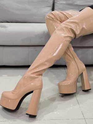 Sexy Blue Leopard Thigh-High Round Toe Platform Boots - Image 17