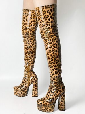 Sexy Blue Leopard Thigh-High Round Toe Platform Boots - Image 5