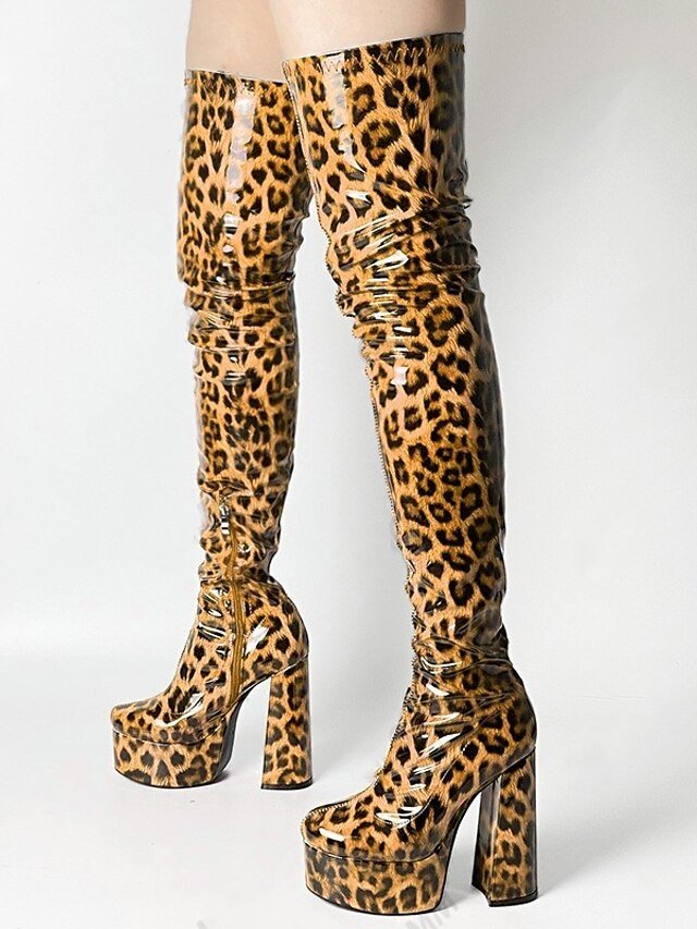 Sexy Blue Leopard Thigh-High Round Toe Platform Boots - Image 5
