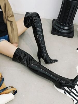 Sexy Stiletto Heel Solid Over The Knee Patent Leather Boots - Image 2