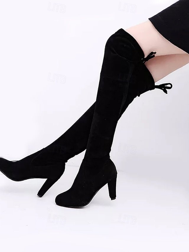 Sexy Suede Tie Back Over-the-Knee Block Heel Boots - Image 2