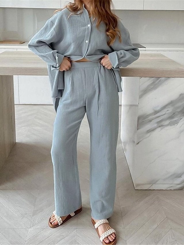 Simple Basic Loose Pure Colour Lapel Long Sleeve Summer Loungewear Set - Image 1