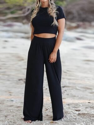 Simple Casual Crew Neck Short Sleeve Loungewear Set - Image 12