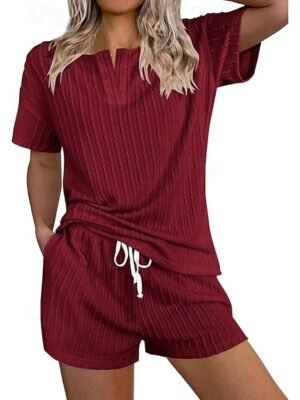Simple Casual Loose Fit V Neck Short Sleeve Summer Loungewear Pajama Set - Image 16