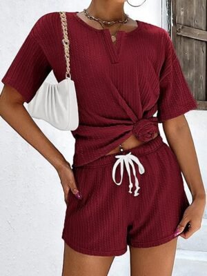Simple Casual Loose Fit V Neck Short Sleeve Summer Loungewear Pajama Set - Image 19