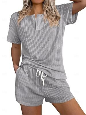 Simple Casual Loose Fit V Neck Short Sleeve Summer Loungewear Pajama Set - Image 8