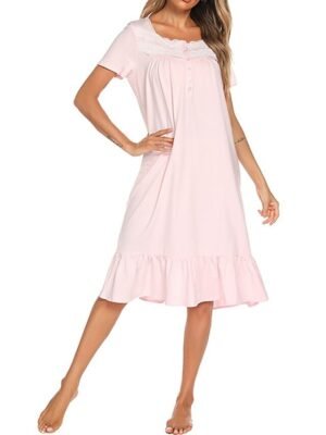 Simple Casual Pure Colour Square Neck Short Sleeve Cotton Nightgown - Image 3
