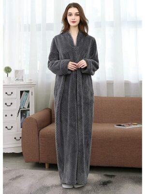 Simple Comfort V Neck Long Sleeve Full Length Robe - Image 13