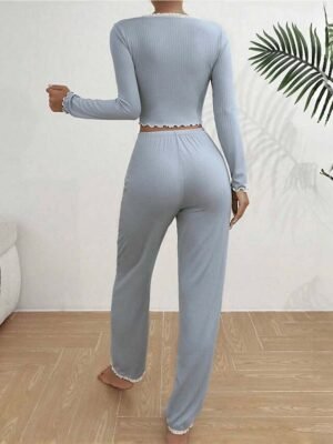 Simple Loose Sky Blue V Neck Short Sleeve Summer Pajamas - Image 2