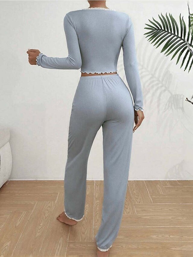 Simple Loose Sky Blue V Neck Short Sleeve Summer Pajamas - Image 2