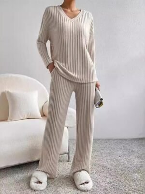 Simple Loose V Neck Long Sleeve Loungewear Pajama Set - Image 1
