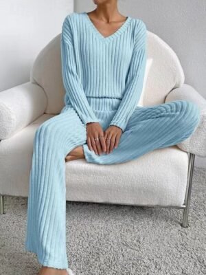 Simple Loose V Neck Long Sleeve Loungewear Pajama Set - Image 11