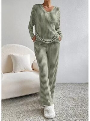 Simple Loose V Neck Long Sleeve Loungewear Pajama Set - Image 4