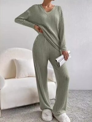 Simple Loose V Neck Long Sleeve Loungewear Pajama Set - Image 5