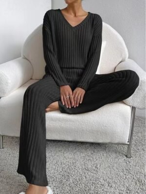 Simple Loose V Neck Long Sleeve Loungewear Pajama Set - Image 7