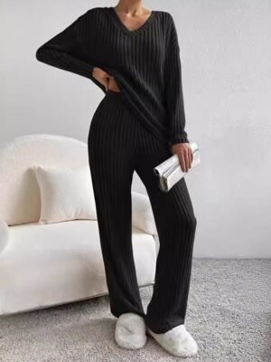 Simple Loose V Neck Long Sleeve Loungewear Pajama Set - Image 8