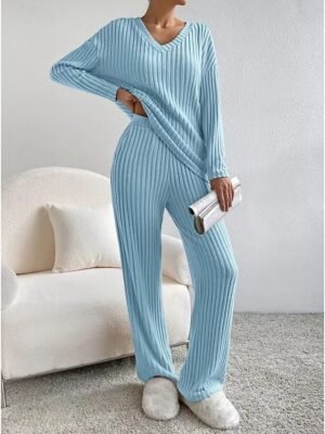 Simple Loose V Neck Long Sleeve Loungewear Pajama Set - Image 9