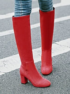 Sleek Navy Blue Round Toe Knee-High Block Heel Boots - Image 1