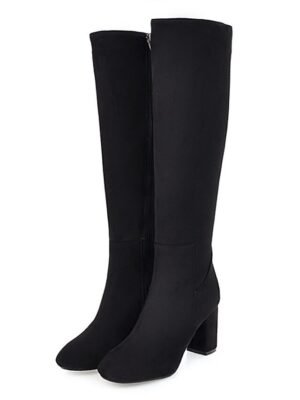 Sleek Navy Blue Round Toe Knee-High Block Heel Boots - Image 13