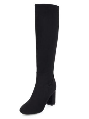 Sleek Navy Blue Round Toe Knee-High Block Heel Boots - Image 14