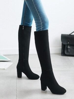 Sleek Navy Blue Round Toe Knee-High Block Heel Boots - Image 15